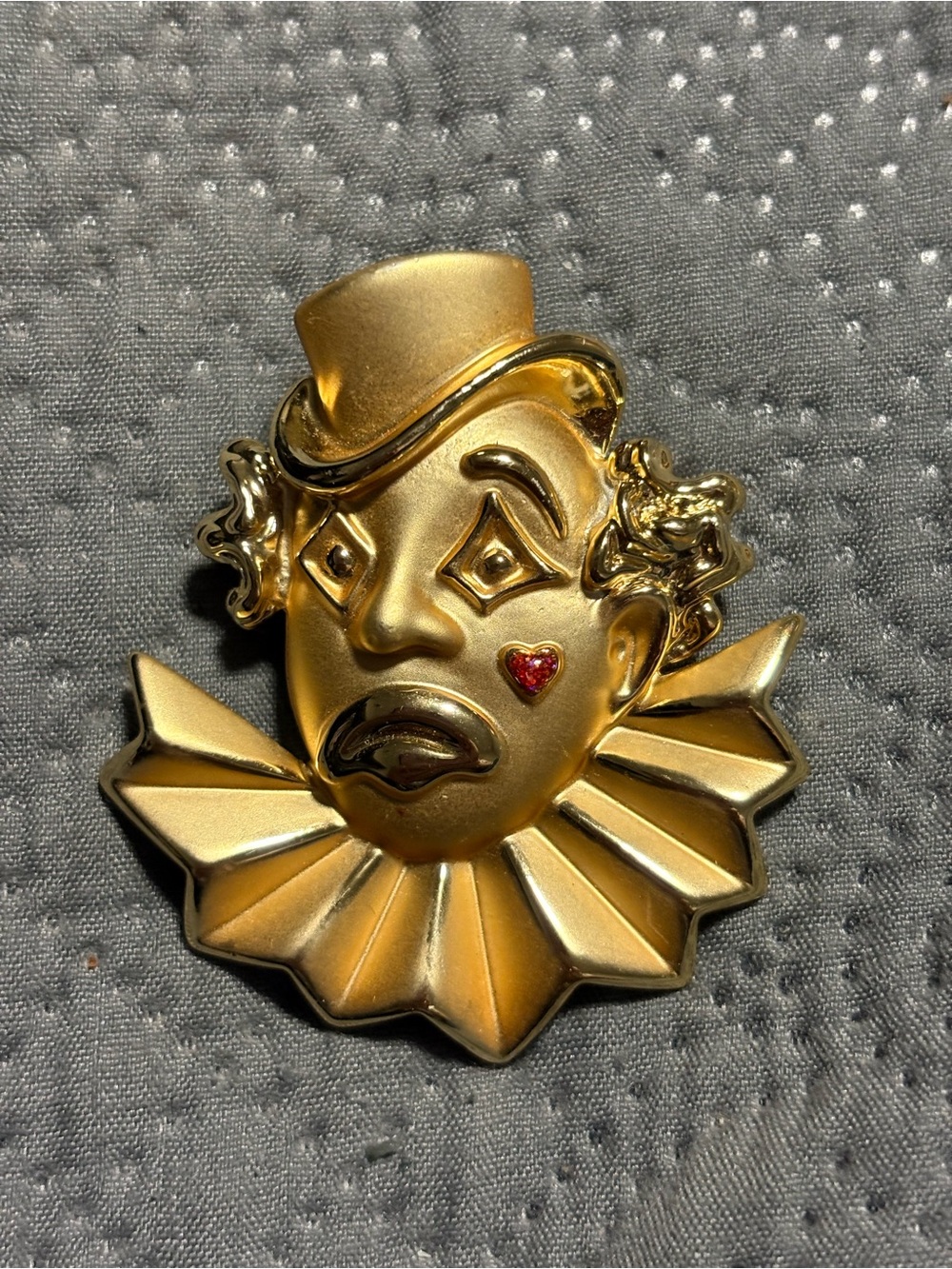Vintage Gold ToneClown Face Brooch Pin with Red Heart Accent